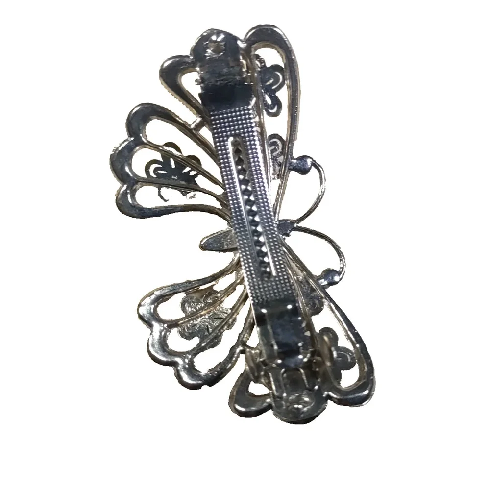 Butterfly Silver Tone Hair Barrette Tension Clip Rhinestone